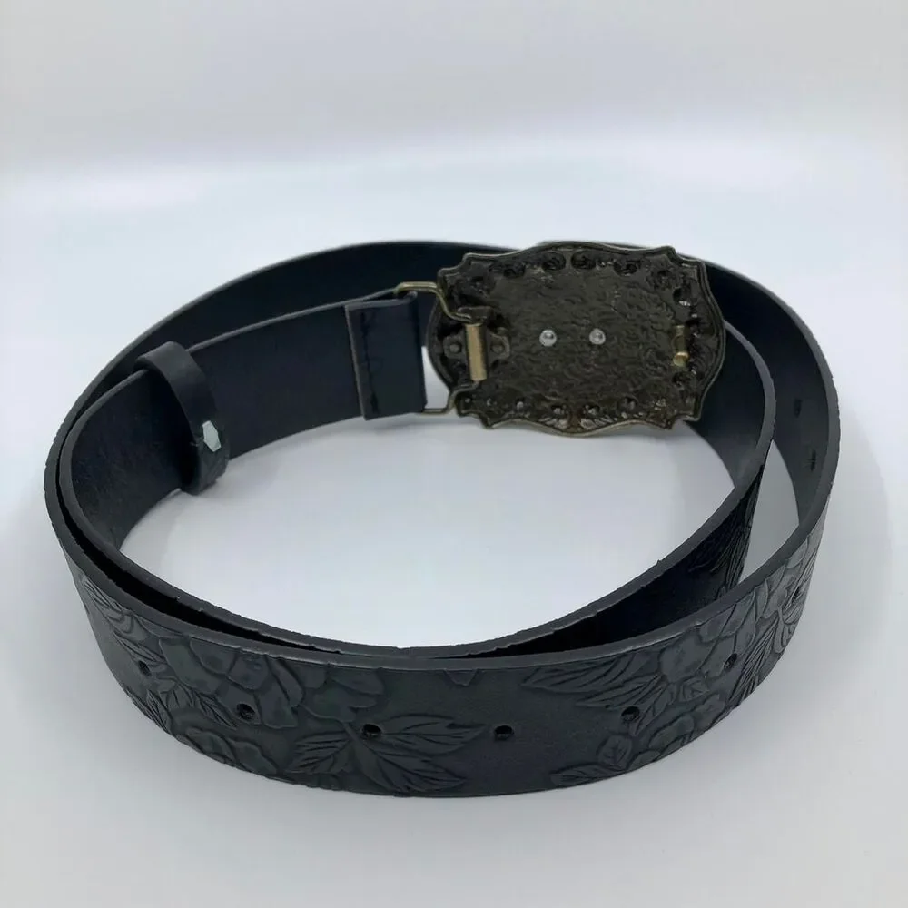 Women's Black Embossed Western Horse Buckle Belt, 28.5–39.5 Inches, X7G9A1018